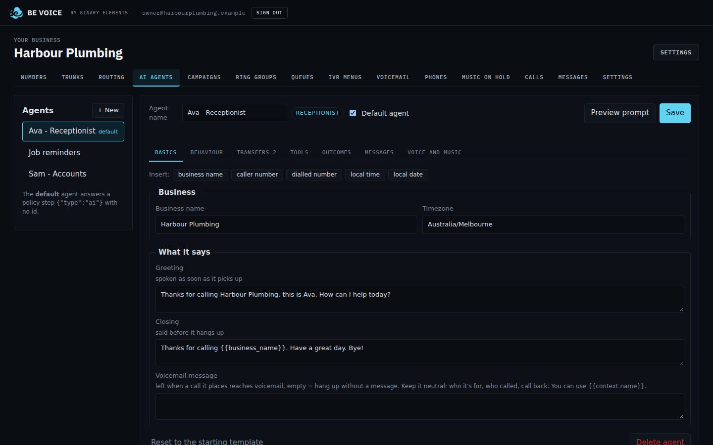 Setting up the AI receptionist: its greeting and what it knows about the business