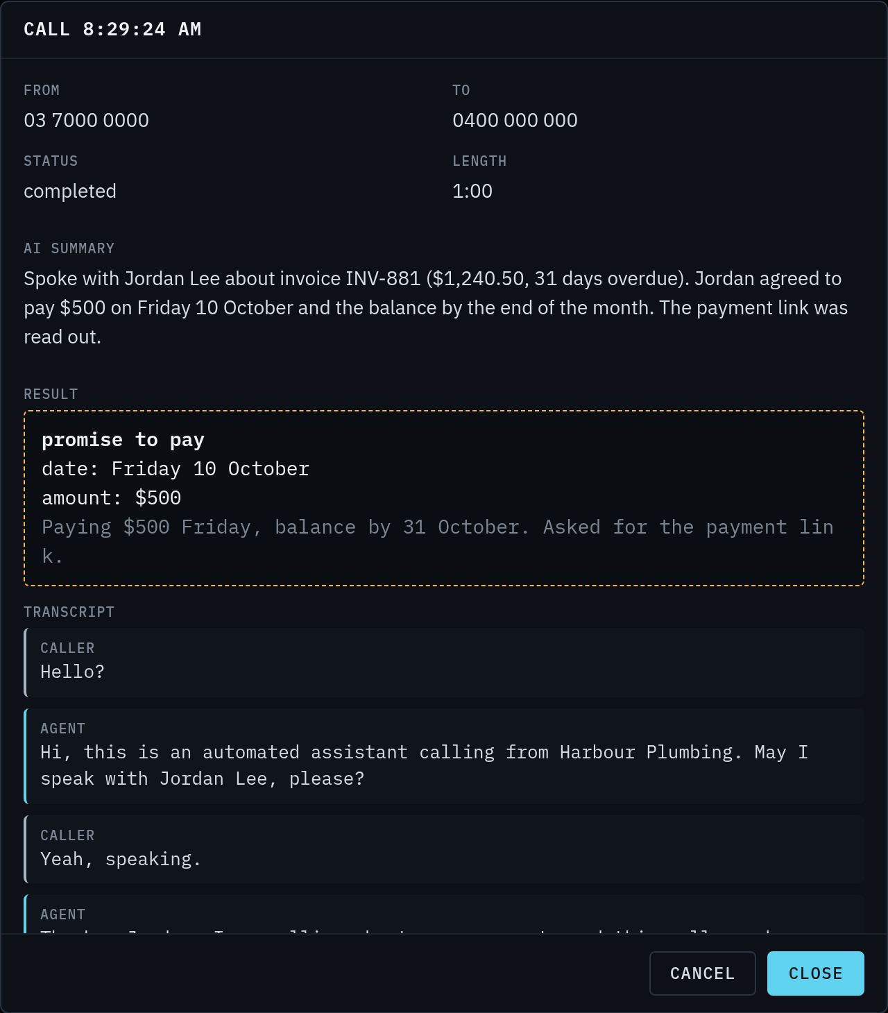 One call's summary, result and transcript in the console