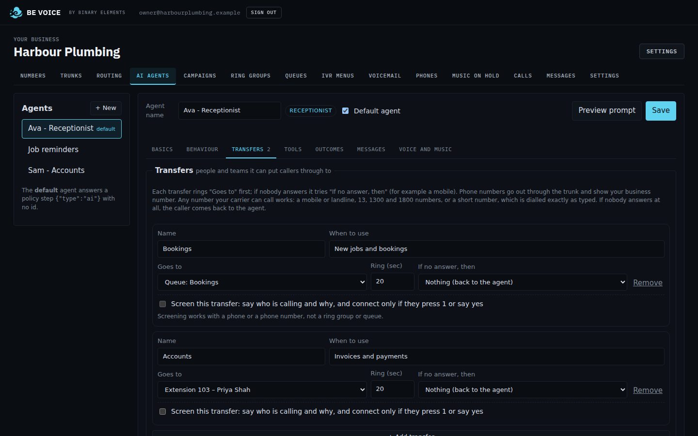 The AI agent's transfers to the bookings queue and the accounts extension