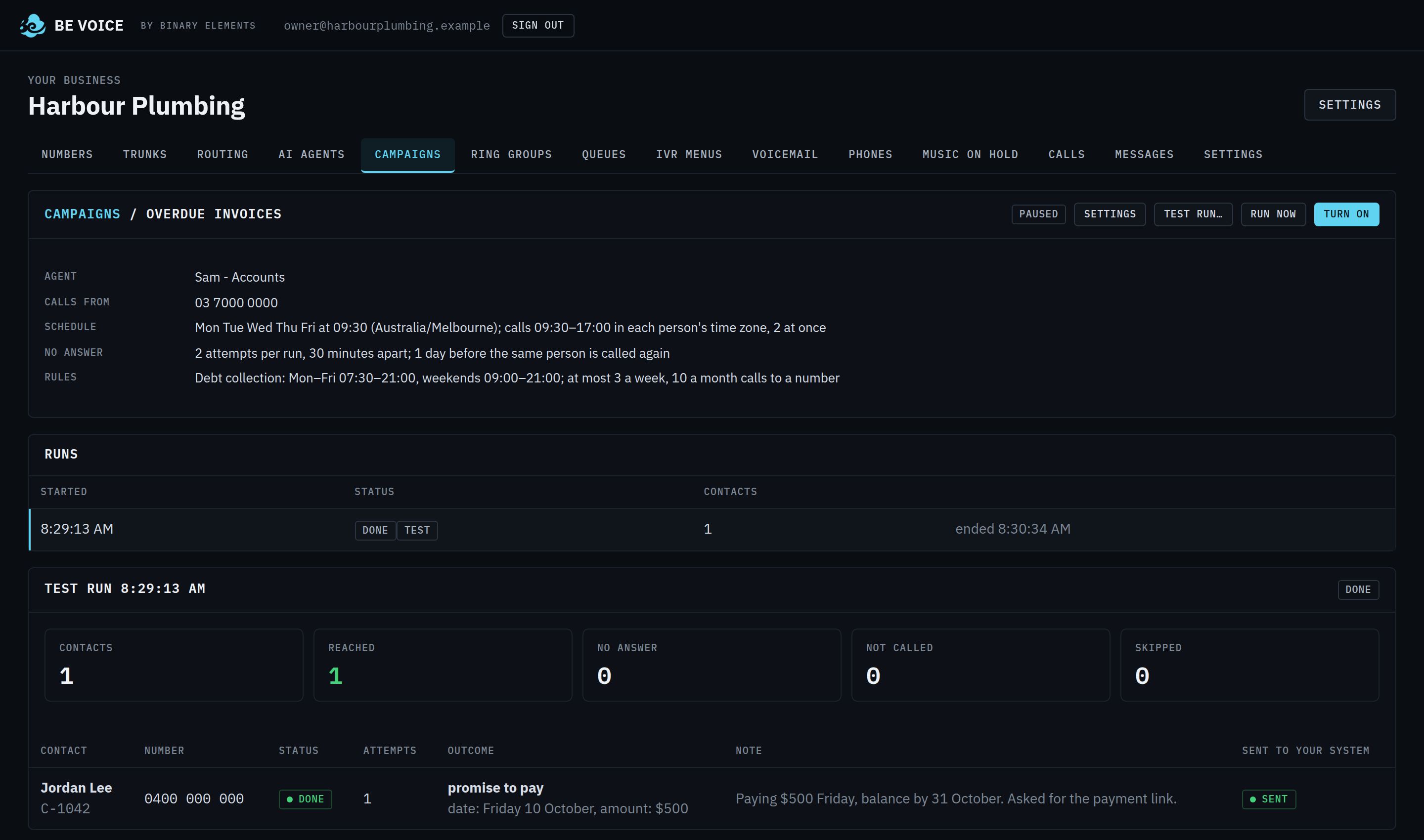 A campaign's test run showing the contact reached and a promise to pay recorded