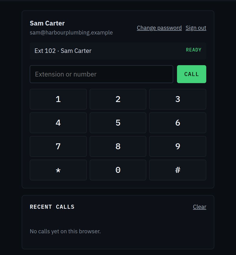 The browser phone signed in on extension 102, with a keypad